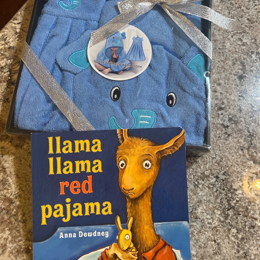 Baby Gift Set | Elephant Hooded Towel & “Llama Llama Red Pajama” Book | New
